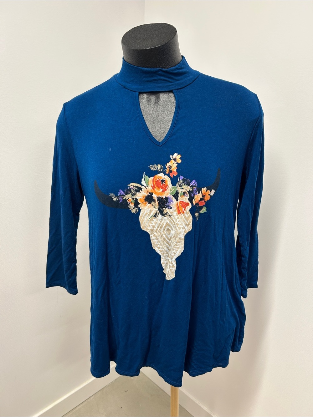Altar'd State Deep Teal Floral Bull Skull Keyhole Long Sleeve Top